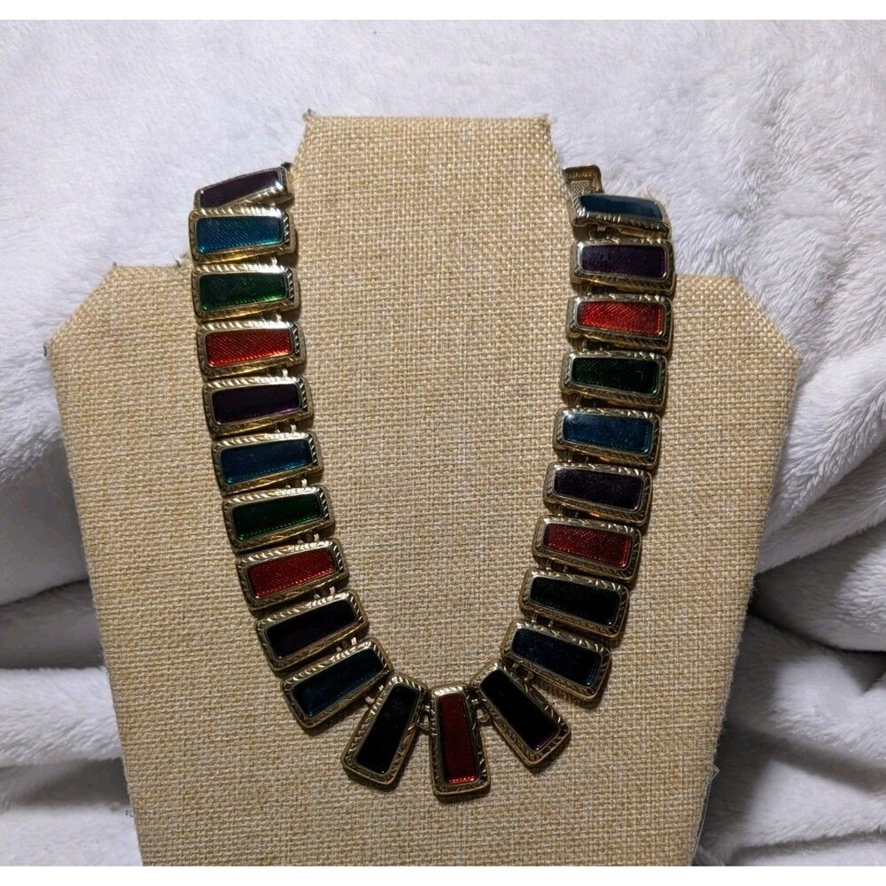 VINTAGE MULTI COLORED GOLDTONE BIB COLLAR NECKLACE TOGGLE RED GREEN PURPLE TEAL
